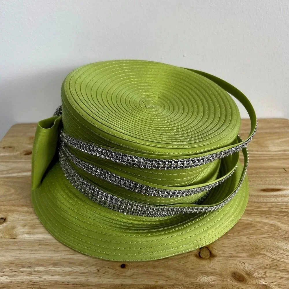 Vintage Lime Green Church Hat Rhinestone Bow Accent Derby Pillbox Style